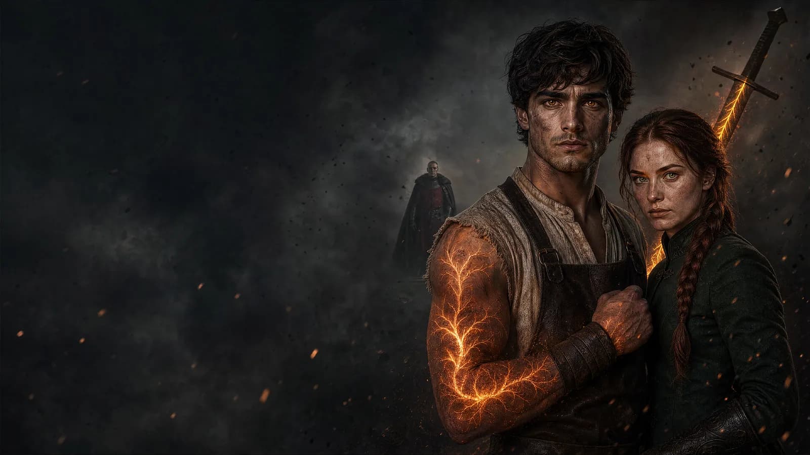 Ashborn key art: a young smith with a glowing, cracked arm, a red-haired woman beside him and a cloaked figure behind them